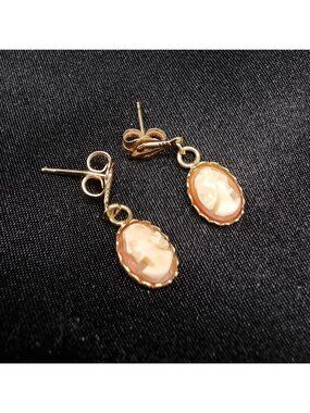 Vintage Tiny 14K Gold Cameo Dangle Earrings Oval Drop Design